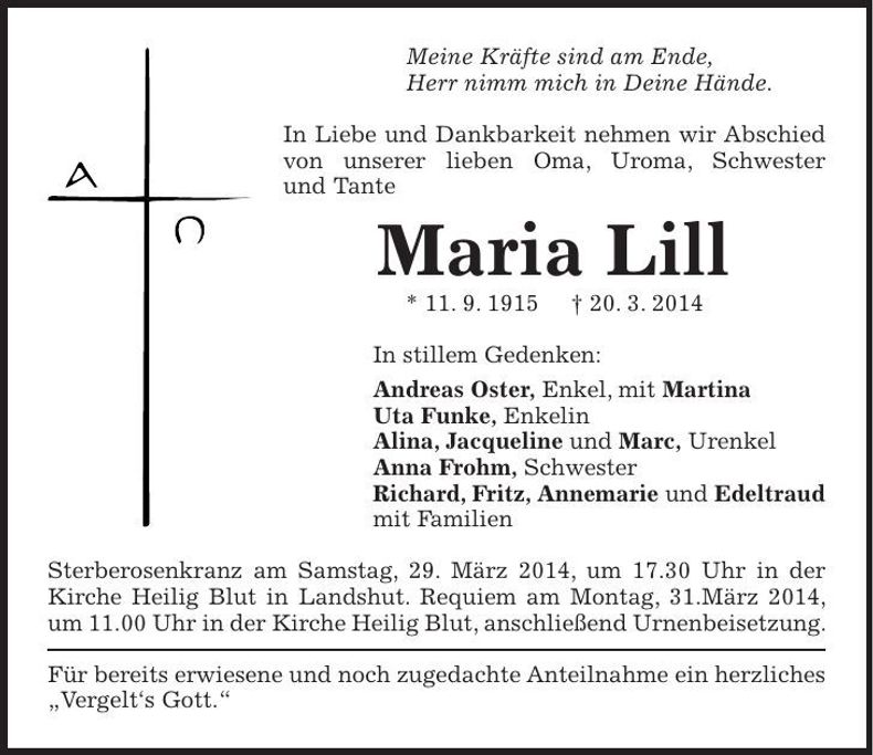 Traueranzeige Maria Lill