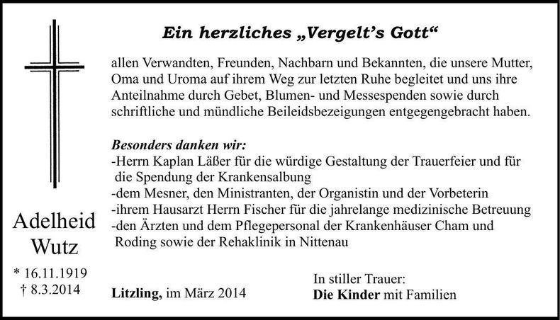 Traueranzeige Adelheid Wutz