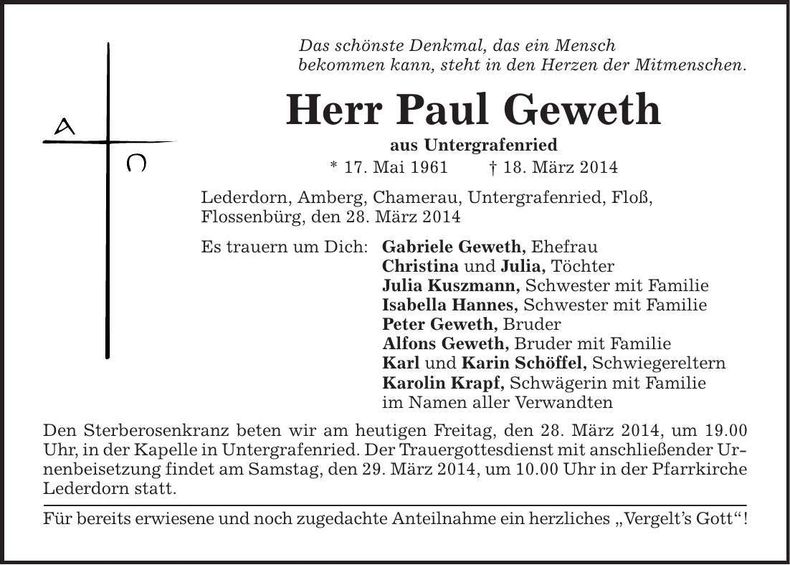 Traueranzeige Paul Geweth