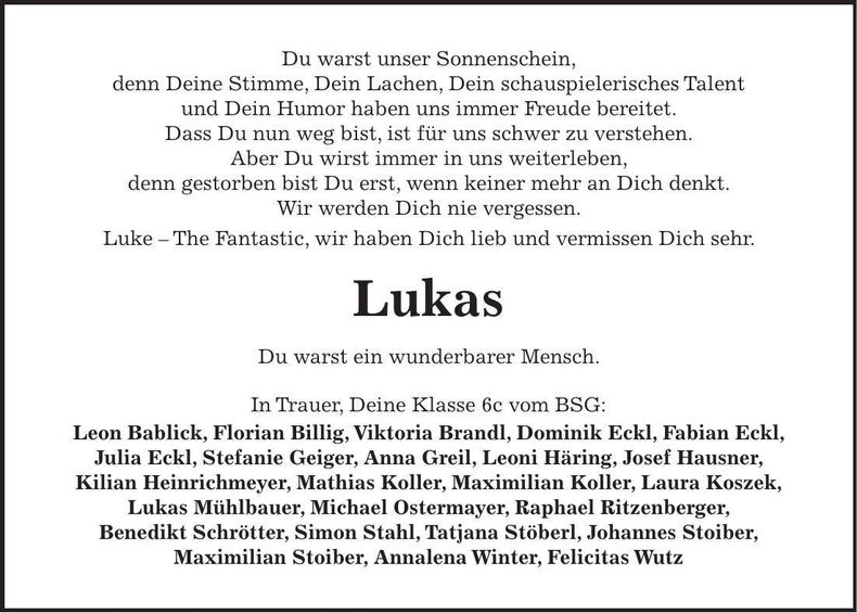 Traueranzeige Lukas Treml