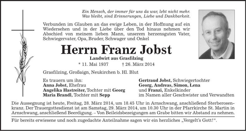 Traueranzeige Franz Jobst