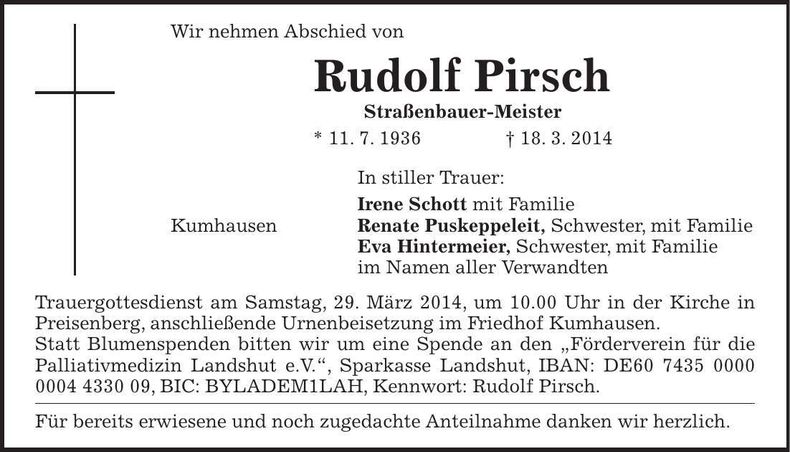Traueranzeige Rudolf Pirsch
