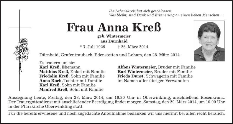 Traueranzeige Anna Kreß