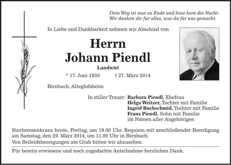 Traueranzeige Johann Piendl