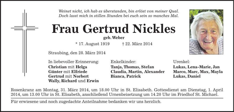 Traueranzeige Gertrud Nickles