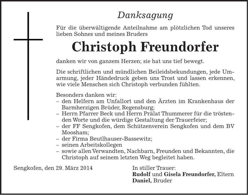 Traueranzeige Christoph Freundorfer