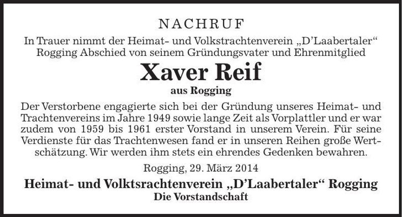 Traueranzeige Xaver Reif