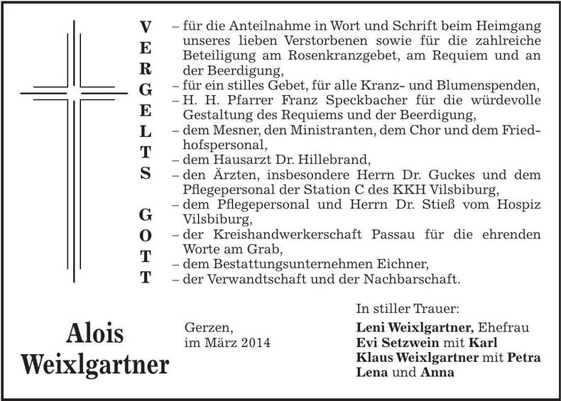 Traueranzeige Alois Weixlgartner