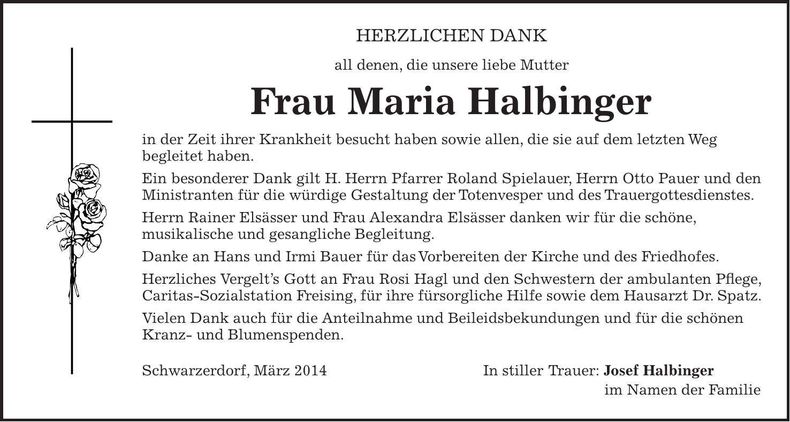 Traueranzeige Maria Halbinger