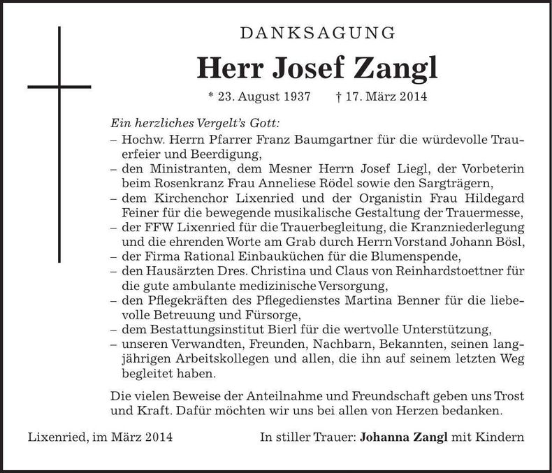 Traueranzeige Josef Zangl