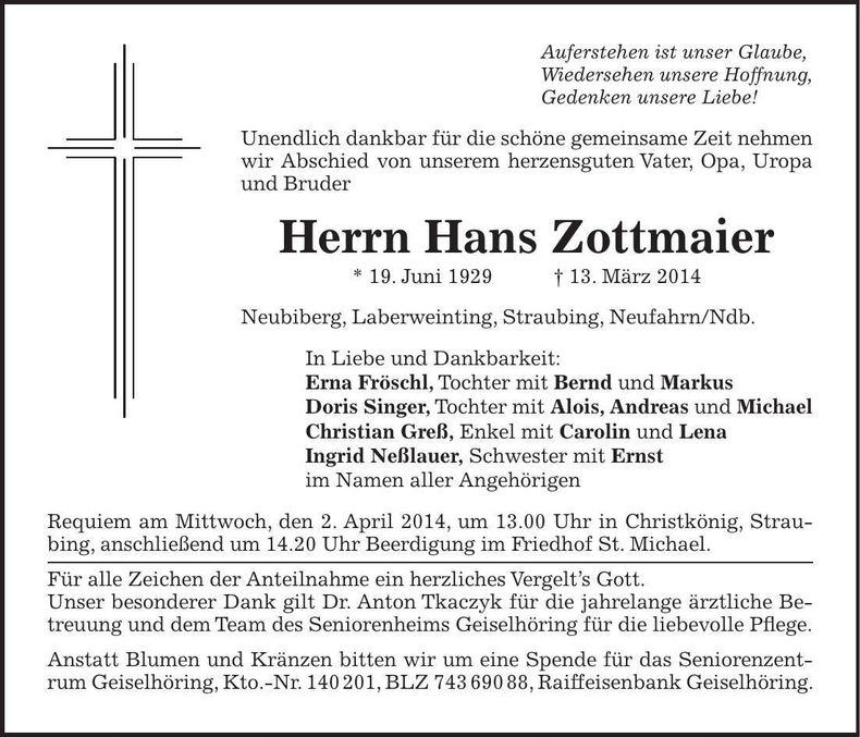 Traueranzeige Hans Zottmaier