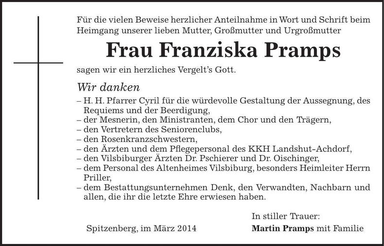 Traueranzeige Franziska Pramps