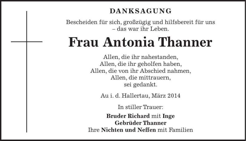 Traueranzeige Antonia Thanner