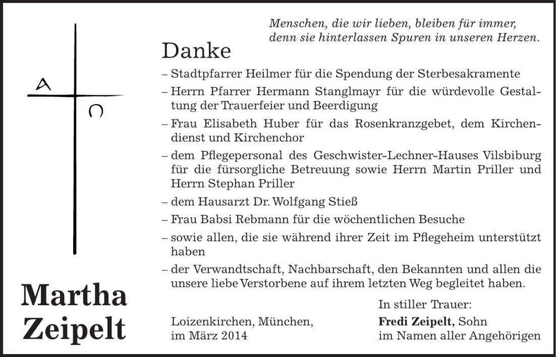 Traueranzeige Martha Zeipelt