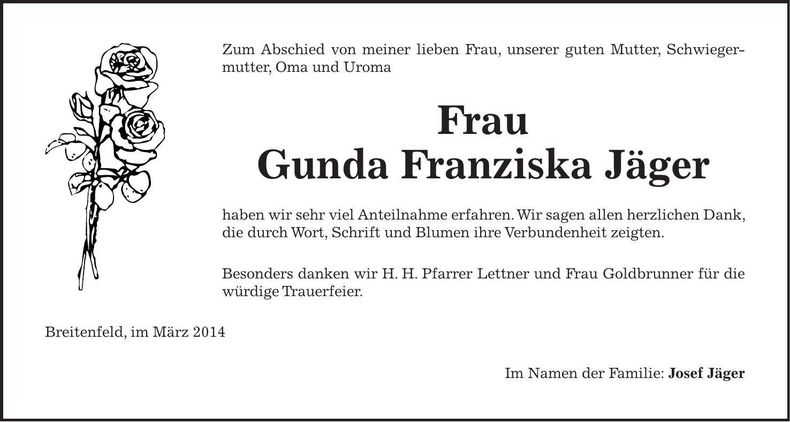 Traueranzeige Gunda Franziska Jäger