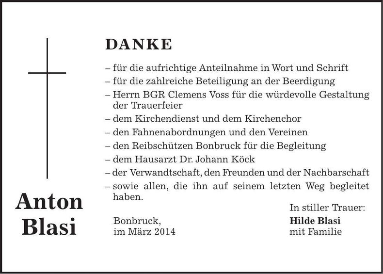Traueranzeige Anton Blasi