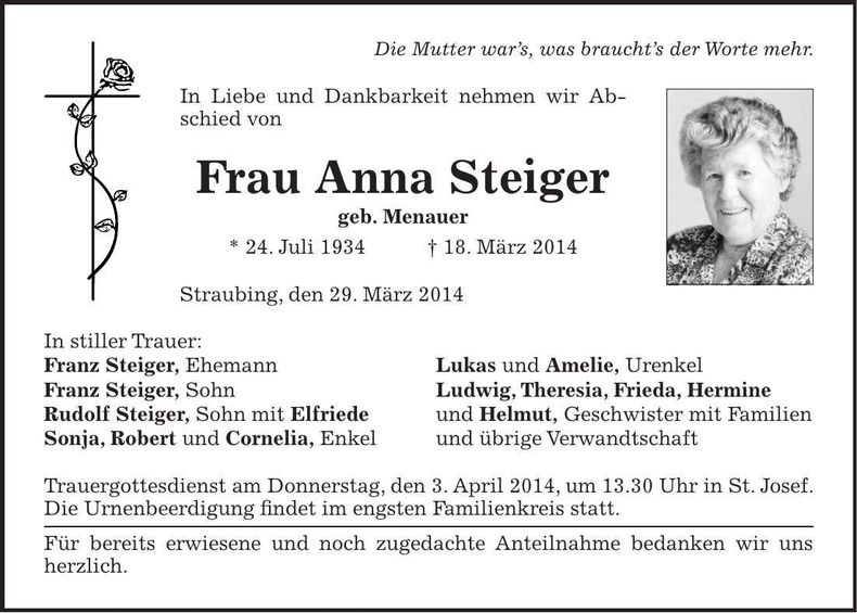 Traueranzeige Anna Steiger