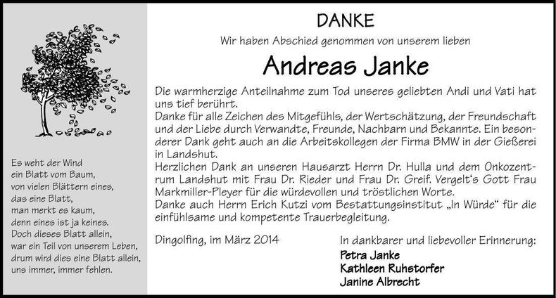 Traueranzeige Andreas Janke
