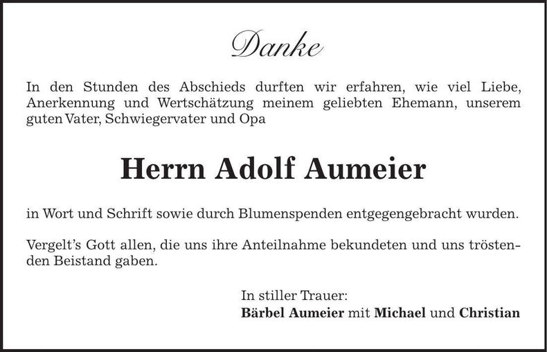 Traueranzeige Adolf Aumeier