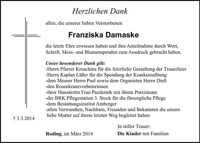 Traueranzeige Franziska Damaske