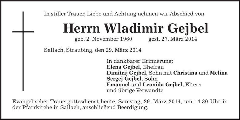 Traueranzeige Wladimir Gejbel