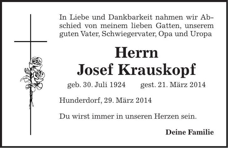 Traueranzeige Josef Krauskopf