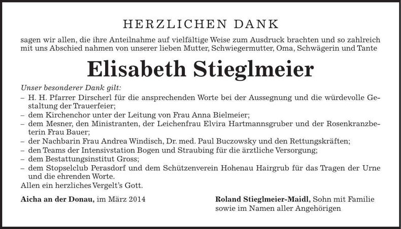 Traueranzeige Elisabeth Stiglmeier
