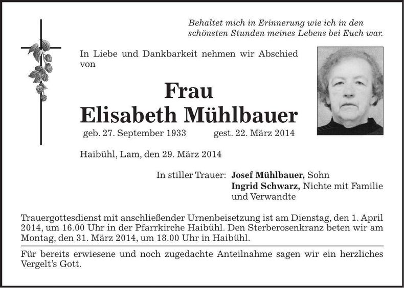 Traueranzeige Elisabeth Mühlbauer