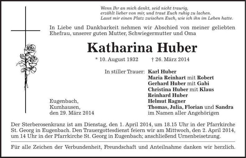 Traueranzeige Katharina Huber