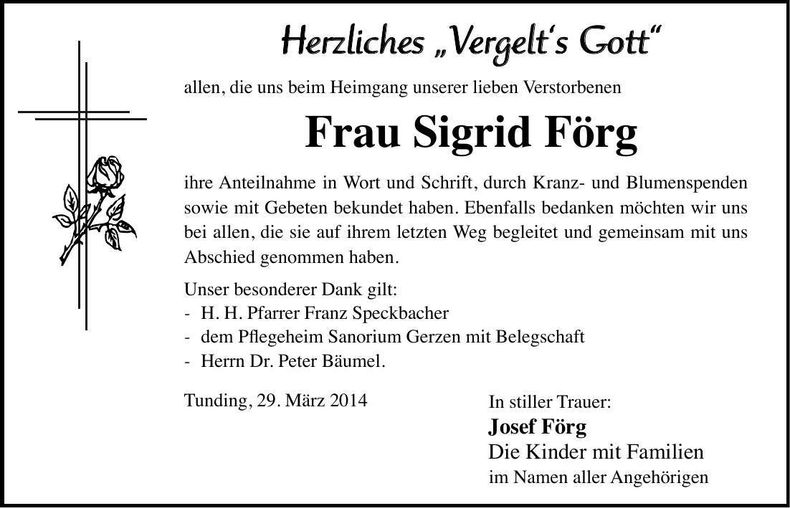 Traueranzeige Förg Sigrid