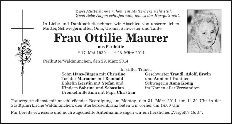 Traueranzeige Ottilie Maurer