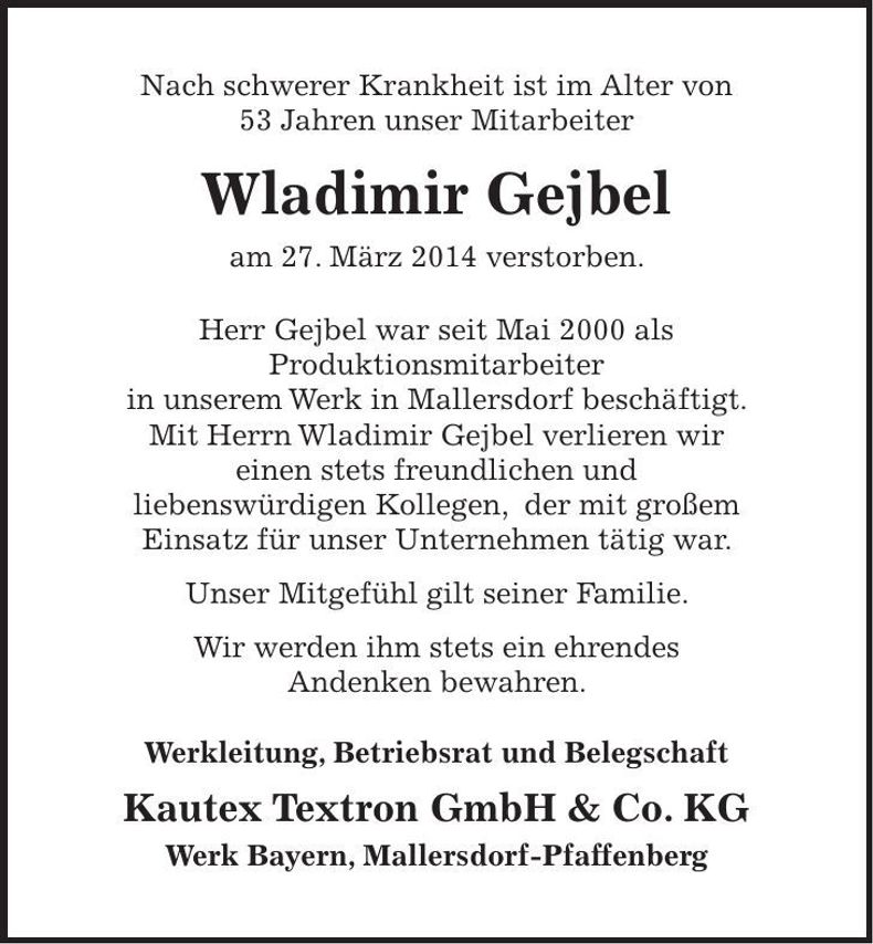 Traueranzeige Wladimir Gejbel