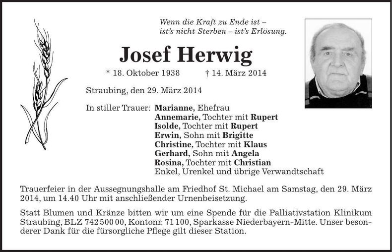 Traueranzeige Josef Herwig