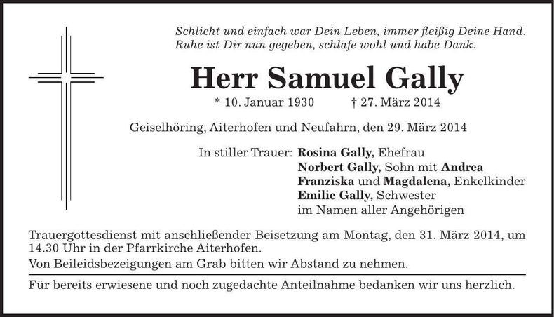 Traueranzeige Samuel Gally