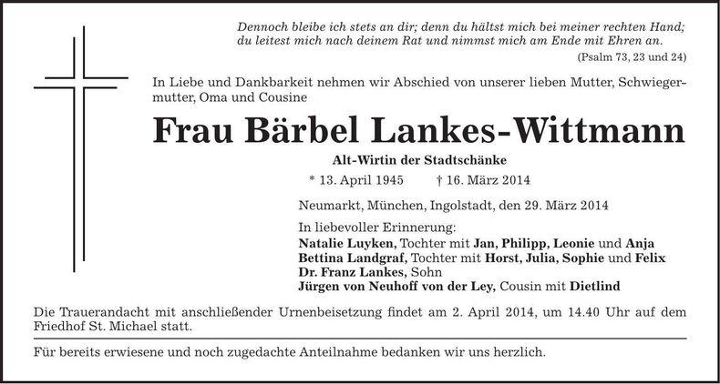 Traueranzeige Bärbel Lankes-Wittmann