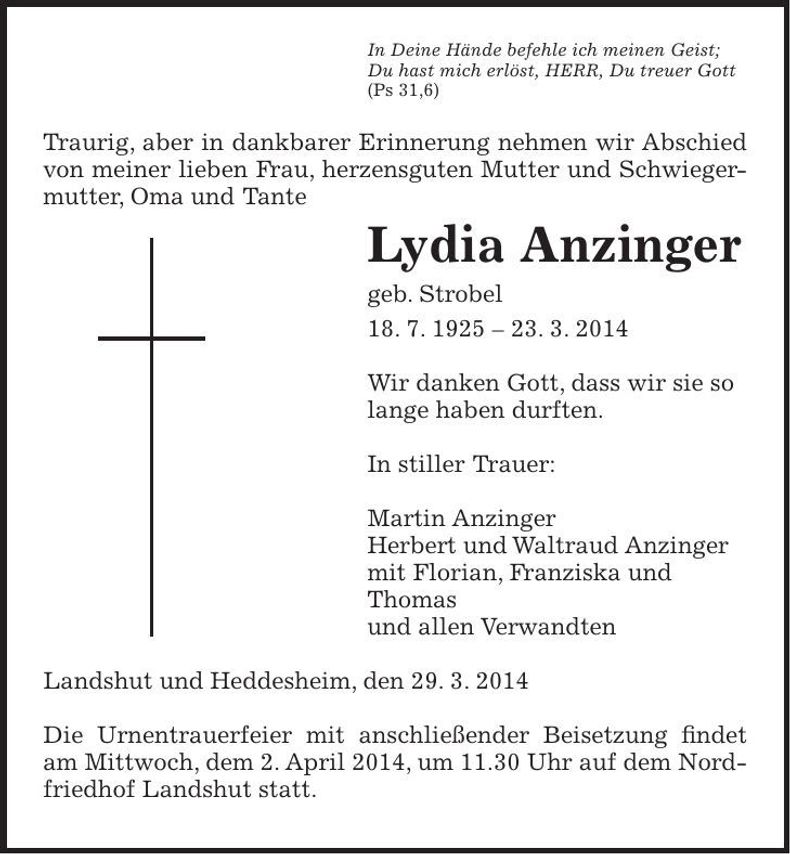 Traueranzeige Lydia Anzinger