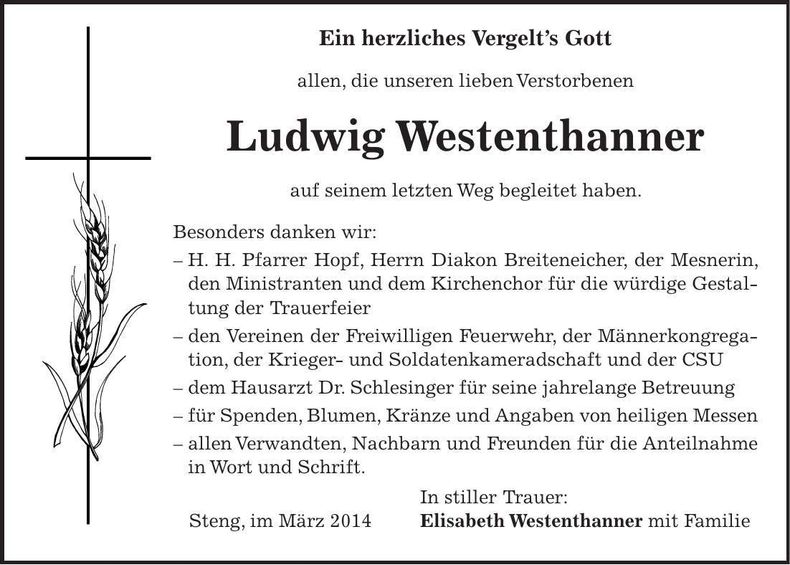 Traueranzeige Ludwig Westenthanner