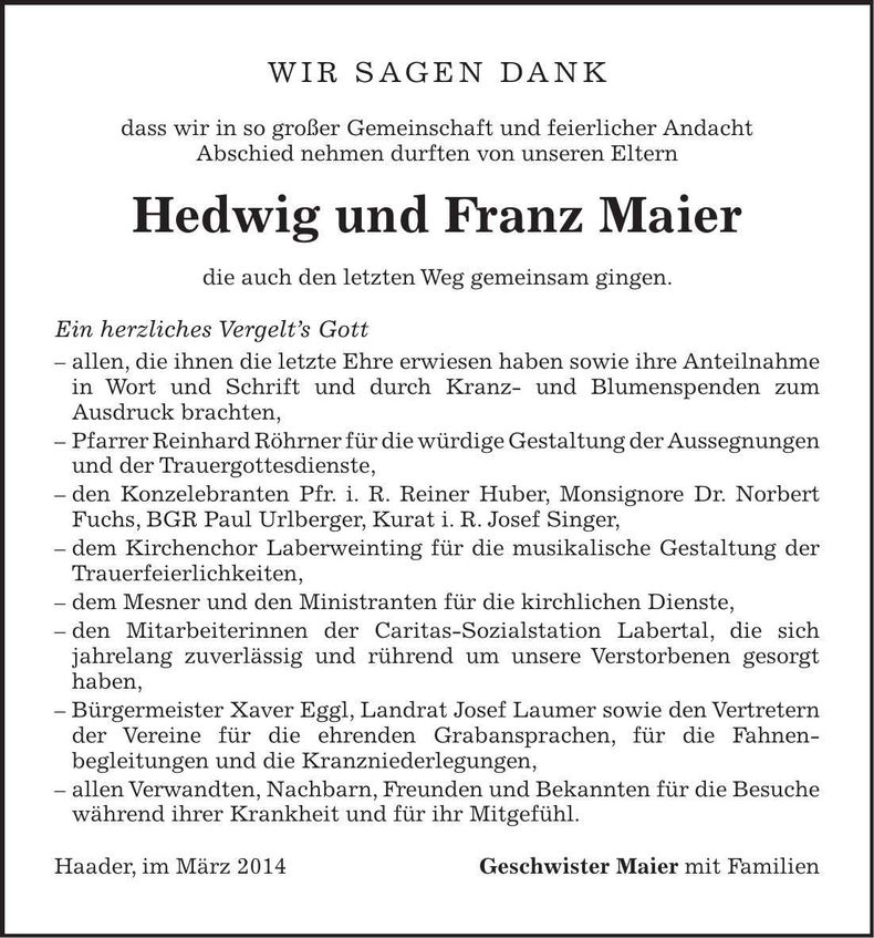 Traueranzeige Hedwig und Franz Maier