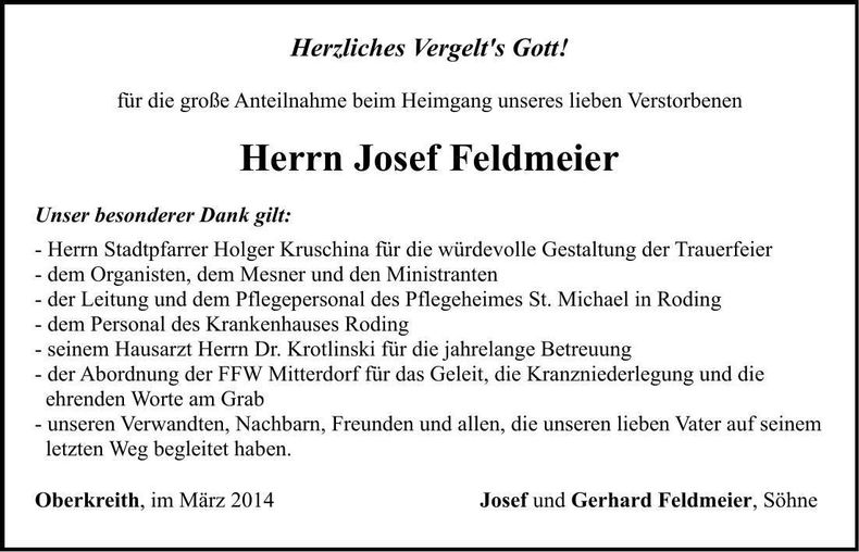Traueranzeige Josef Feldmeier