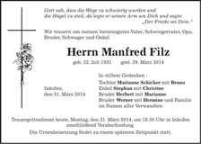 Traueranzeige Manfred Filz