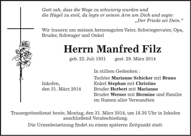Traueranzeige Manfred Filz