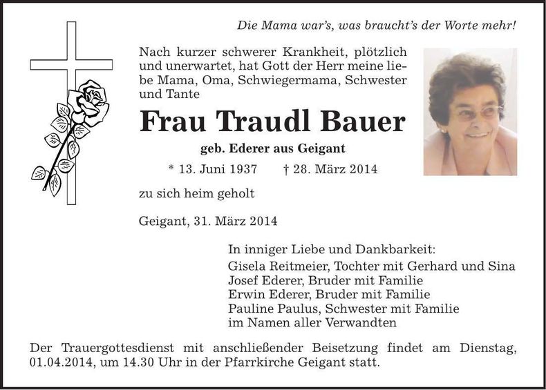 Traueranzeige Traudl Bauer