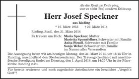 Traueranzeige Josef Speckner