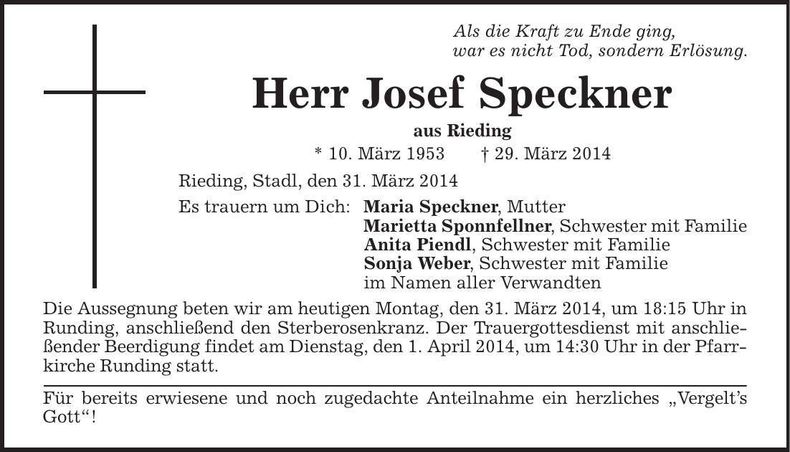Traueranzeige Josef Speckner
