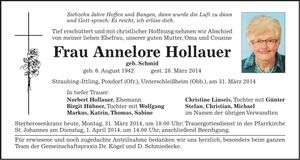 Traueranzeige Annelore Hollauer