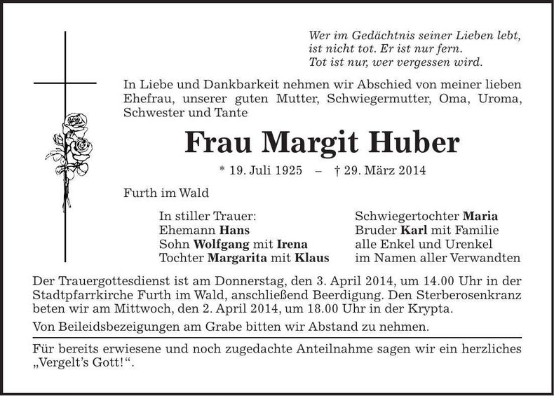 Traueranzeige Margit Huber