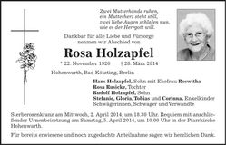 Traueranzeige Rosa Holzapfel