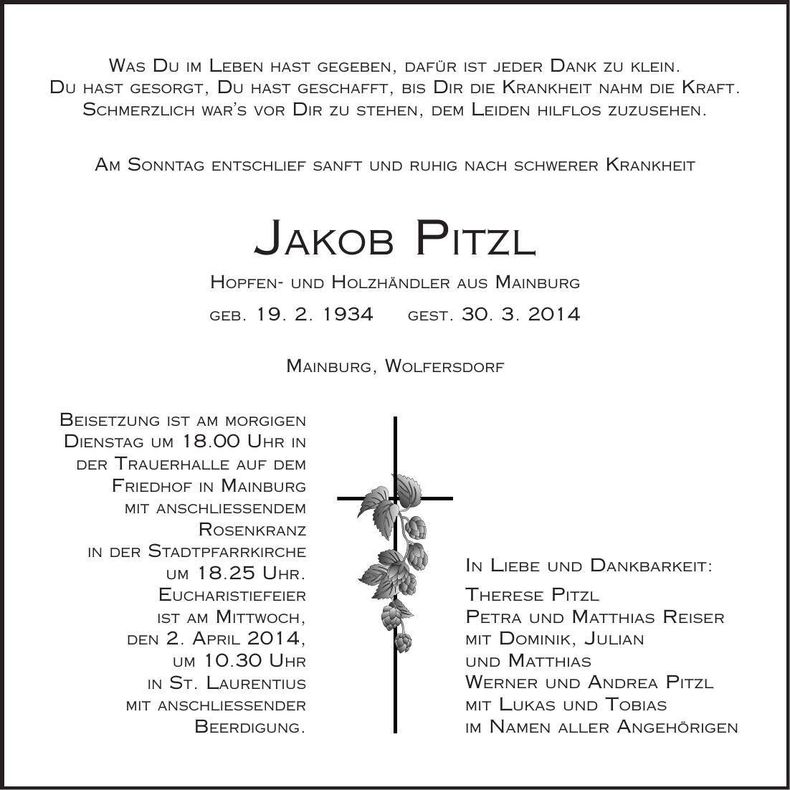 Traueranzeige Jakob Pitzl