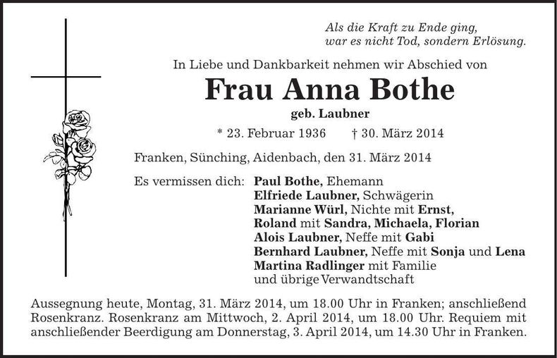 Traueranzeige Anna Bothe