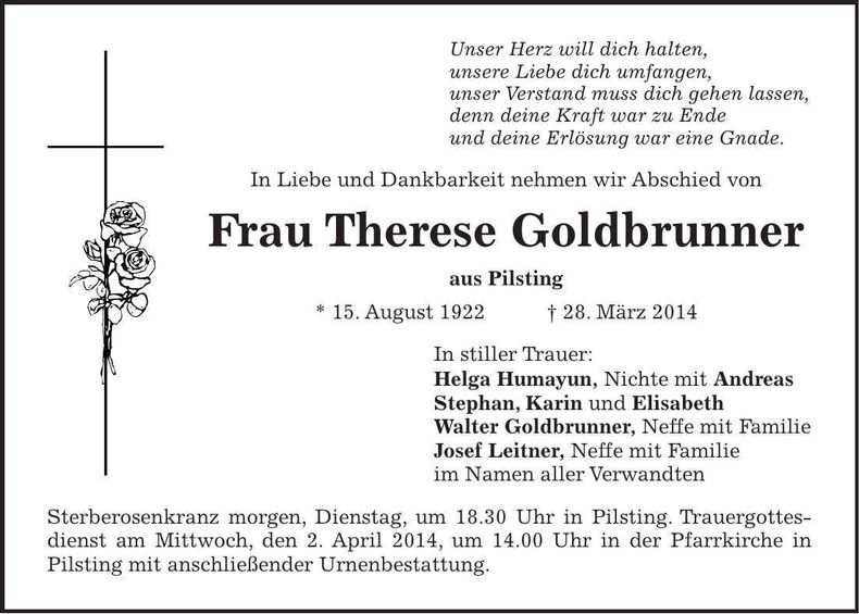 Traueranzeige Therese Goldbrunner